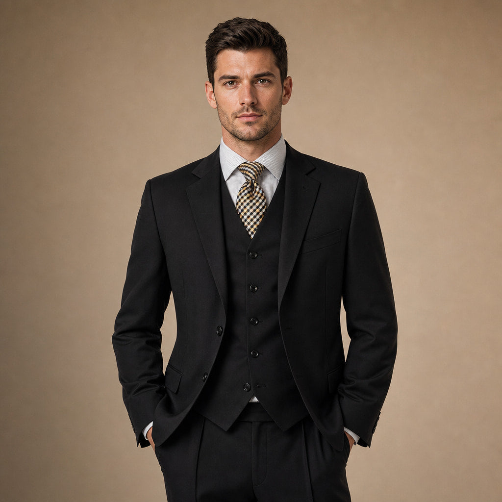 Men's 3-Piece Vested Suit Notch Lapel Single Pleat Pants Black Black – Full Look