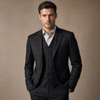 Men's 3-Piece Vested Suit Notch Lapel Single Pleat Pants Black Black – Full Look
