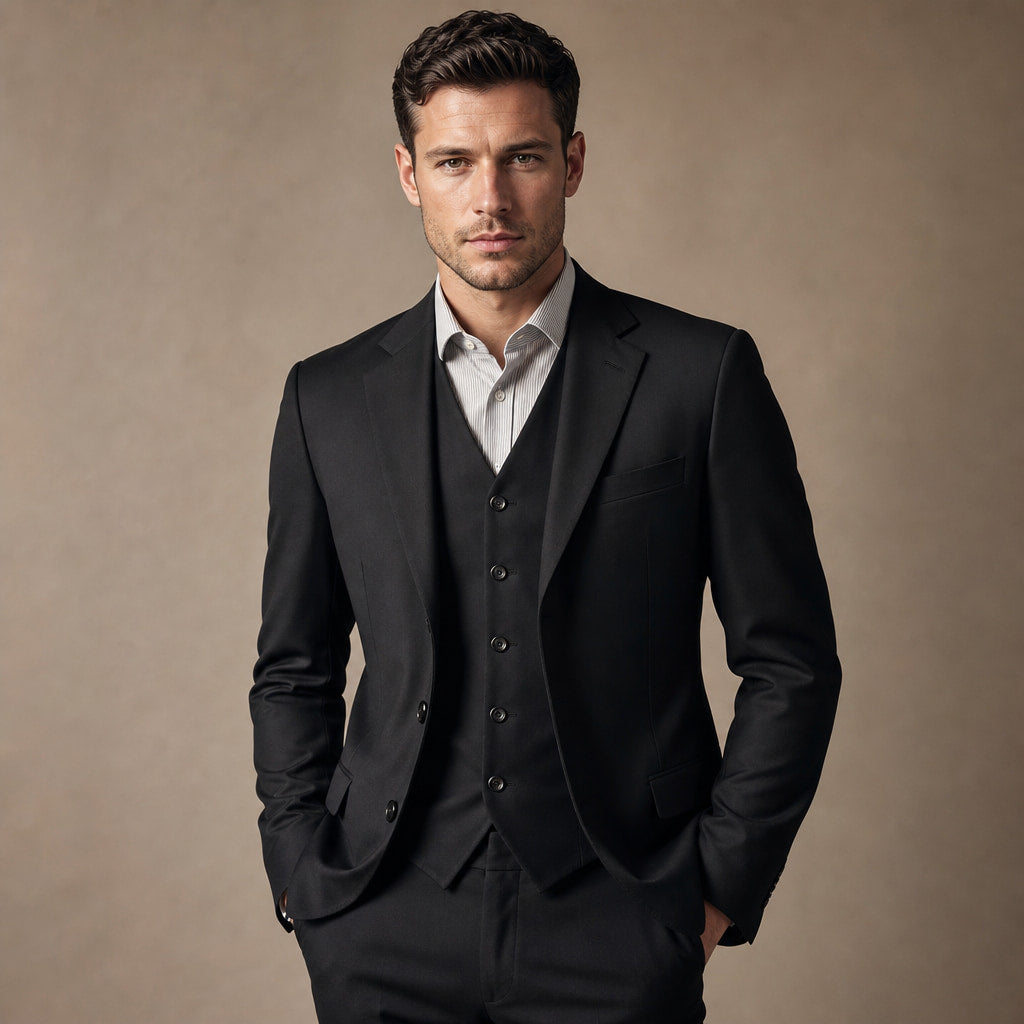 Men's 3-Piece Vested Suit Notch Lapel Single Pleat Pants Black Black – Full Look