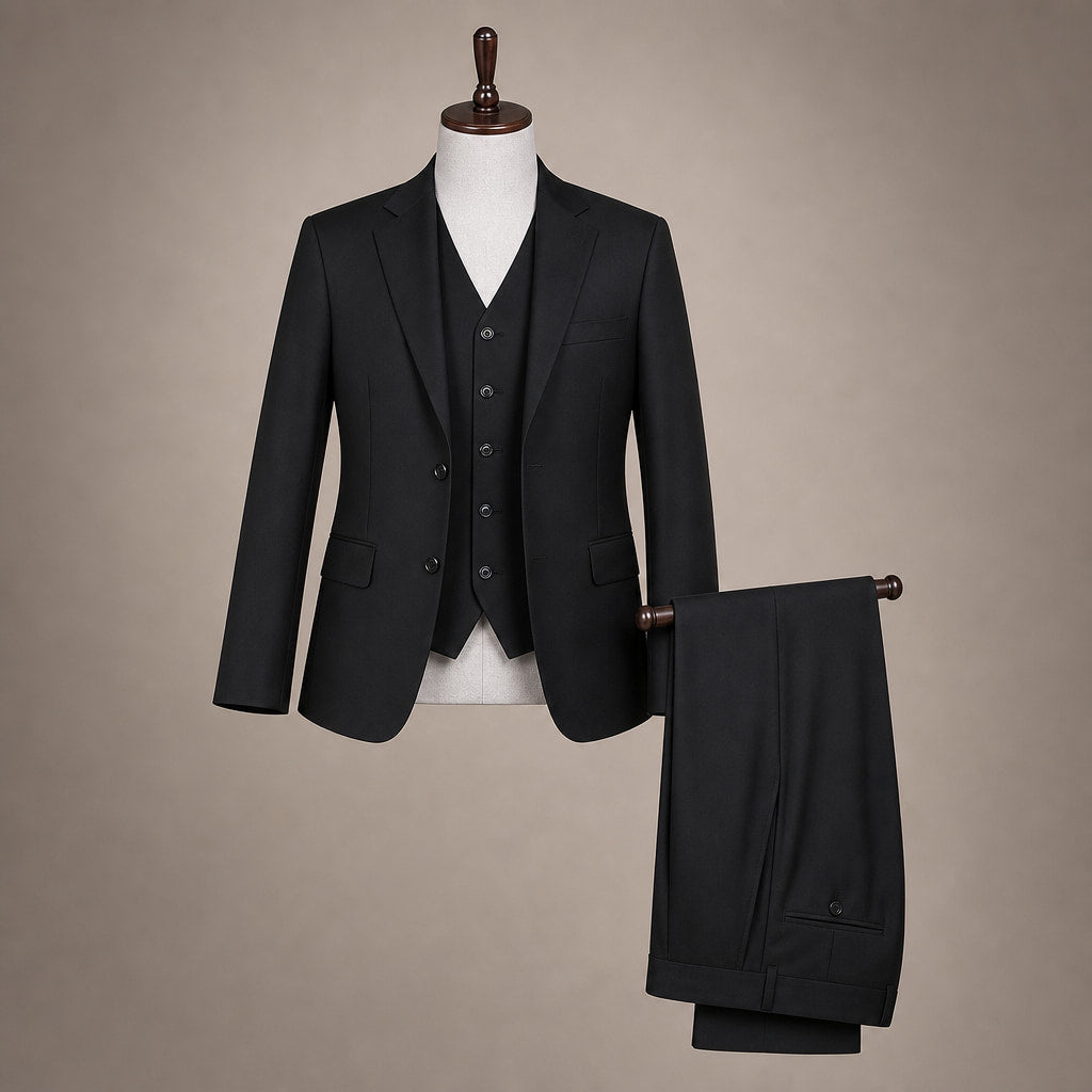Men's 3-Piece Vested Suit Notch Lapel Single Pleat Pants Black Black – Product Photo