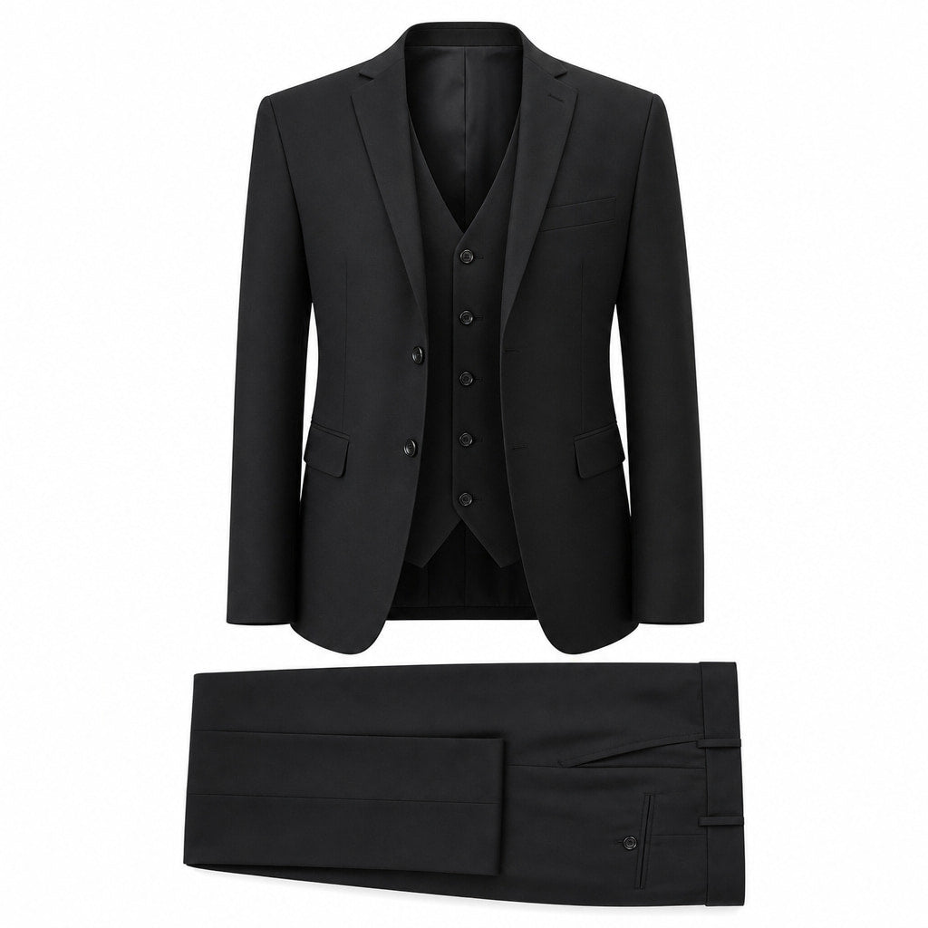 Men's 3-Piece Vested Suit Notch Lapel Single Pleat Pants Black Black – Product Photo