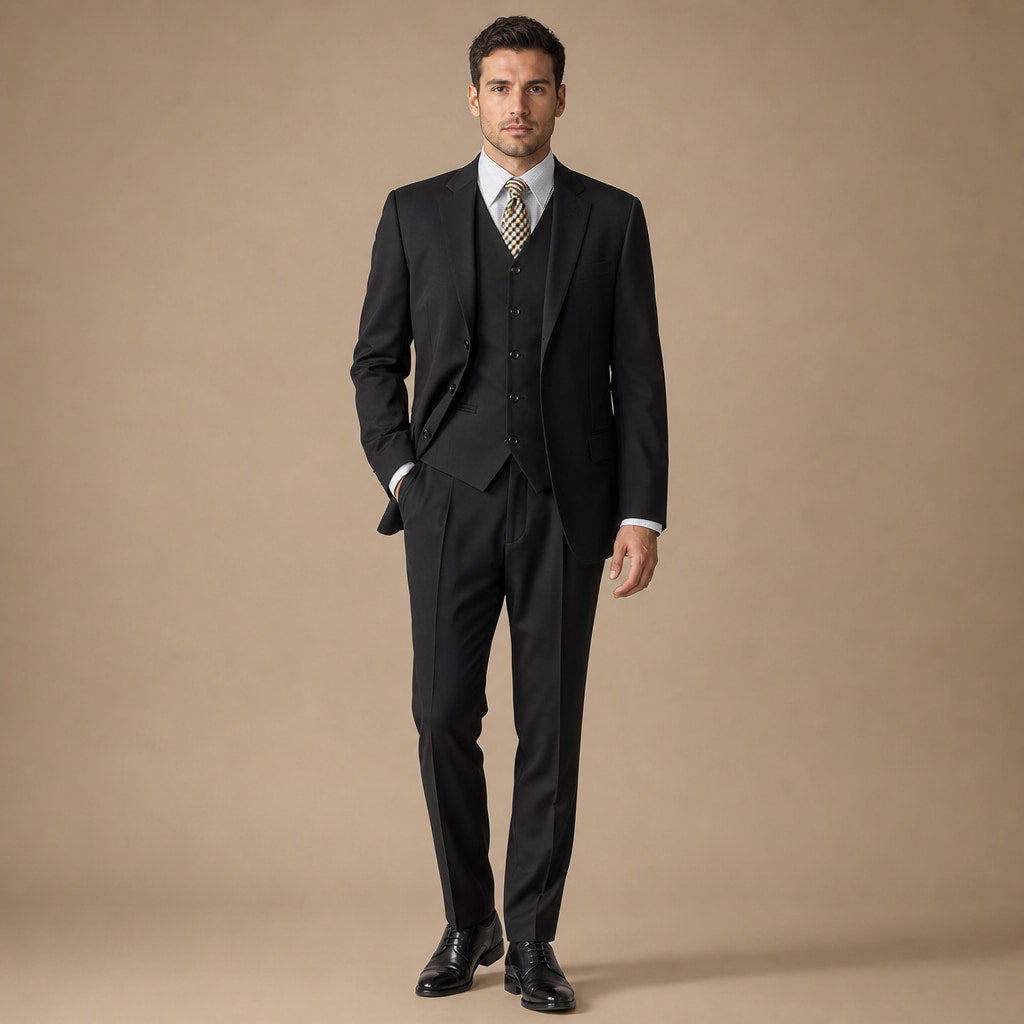 Men's 3-Piece Vested Suit Notch Lapel Single Pleat Pants Black in Black – Tarlano Premium Menswear