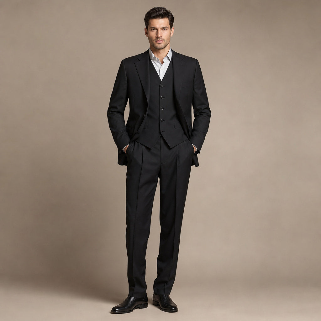 Men's 3-Piece Vested Suit Notch Lapel Single Pleat Pants Black in Black – Tarlano Premium Menswear