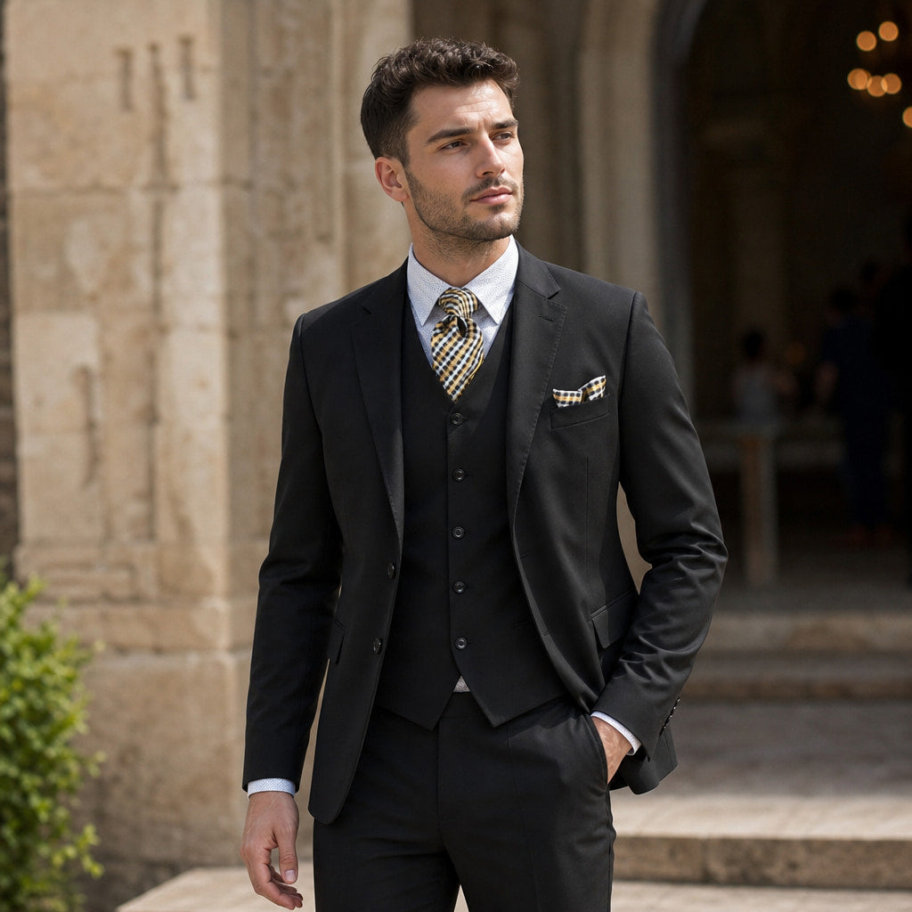 Men's 3-Piece Vested Suit Notch Lapel Single Pleat Pants Black Black – Styled Editorial Shot