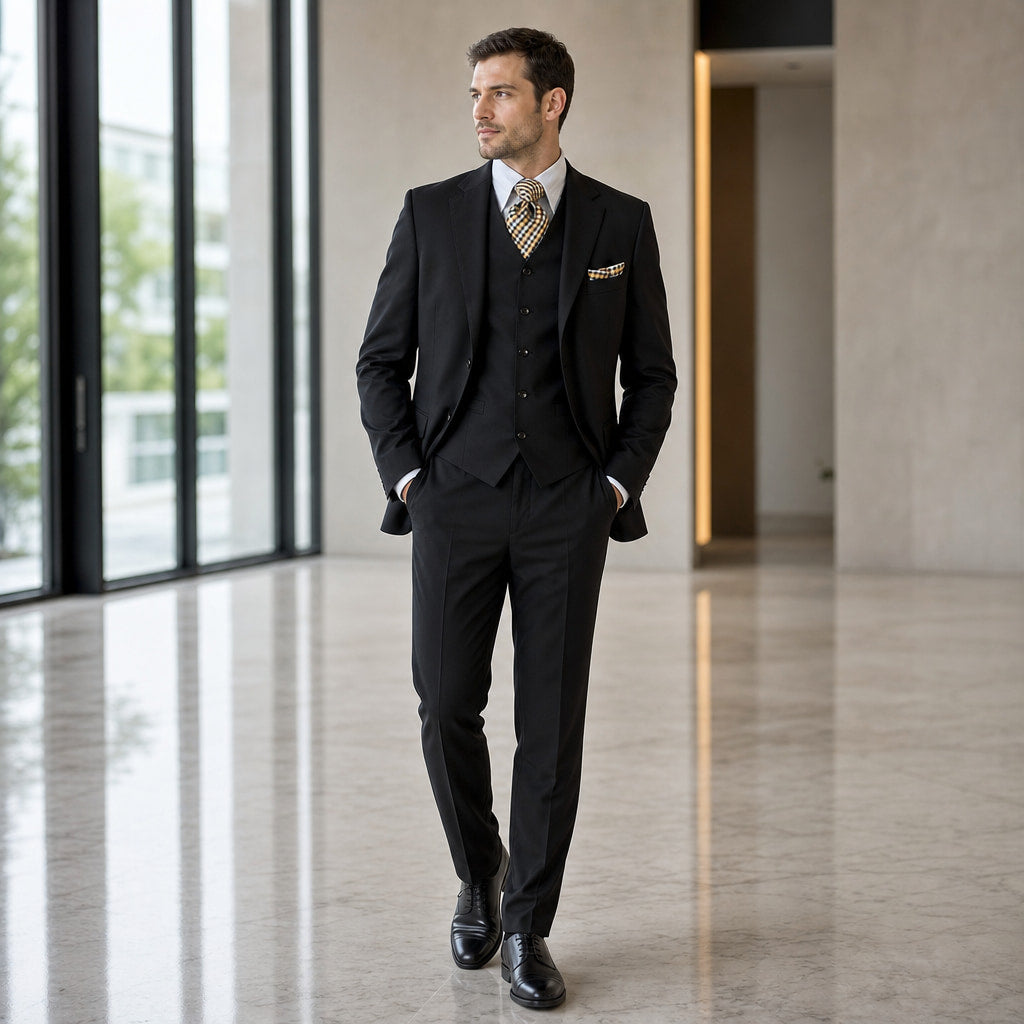 Men's 3-Piece Vested Suit Notch Lapel Single Pleat Pants Black Black – Styled Editorial Shot