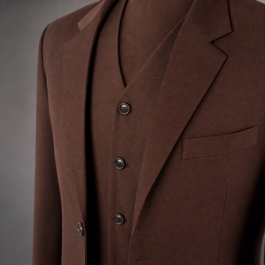 Men's 3-Piece Vested Suit Notch Lapel Single Pleated Trouser Brown Brown – Fabric and Detail Close-Up