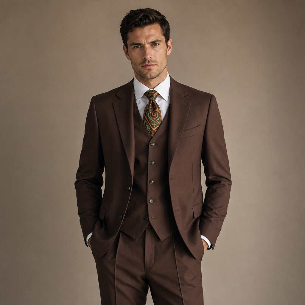 Men's 3-Piece Vested Suit Notch Lapel Single Pleated Trouser Brown Brown – Full Look
