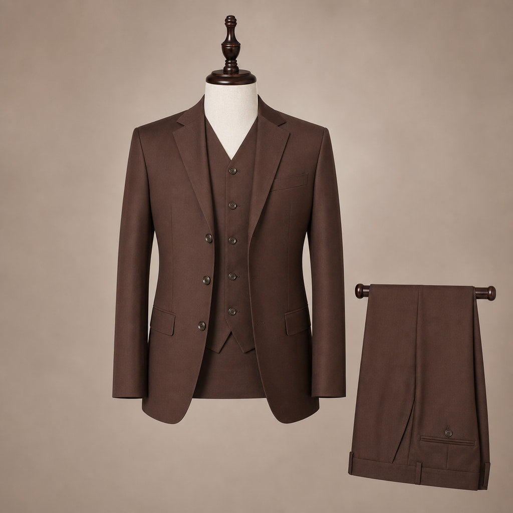 Men's 3-Piece Vested Suit Notch Lapel Single Pleated Trouser Brown Brown – Product Photo