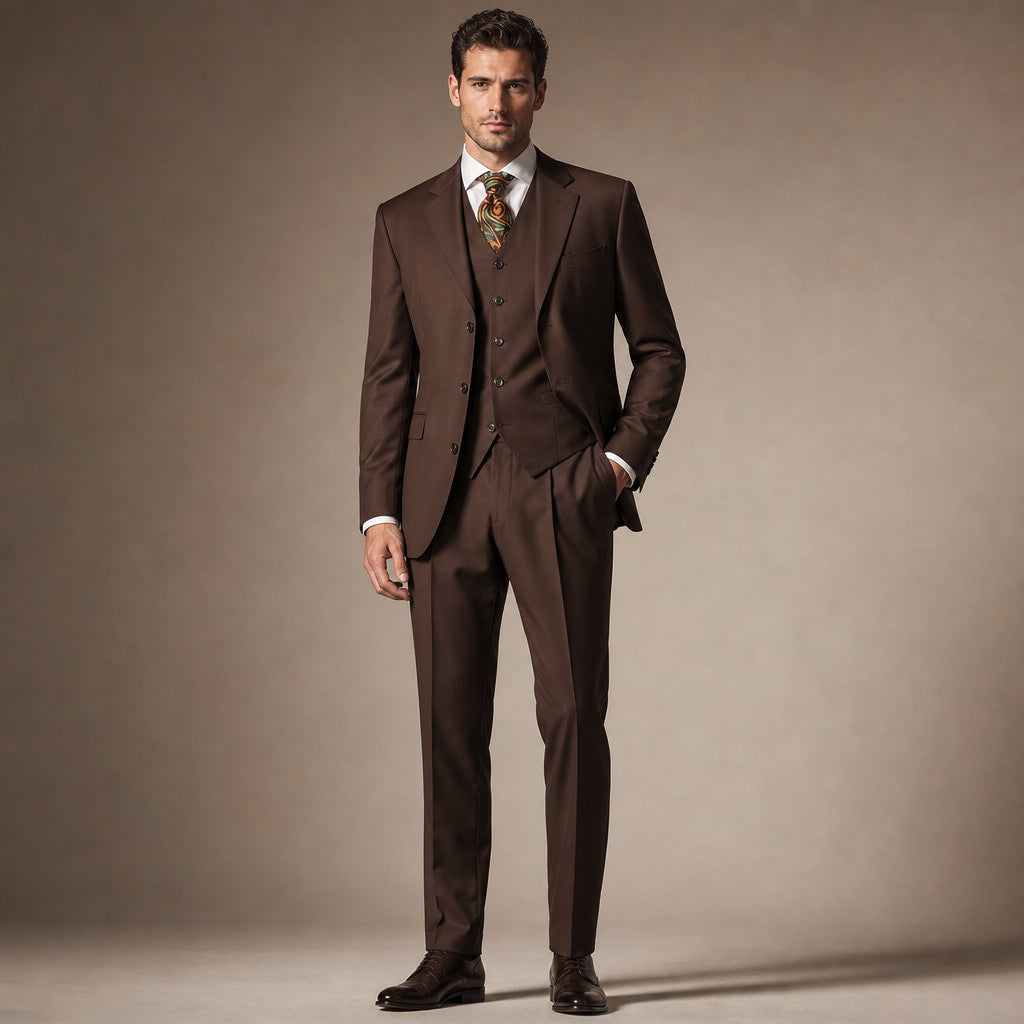 Men's 3-Piece Vested Suit Notch Lapel Single Pleated Trouser Brown in Brown – Tarlano Premium Menswear
