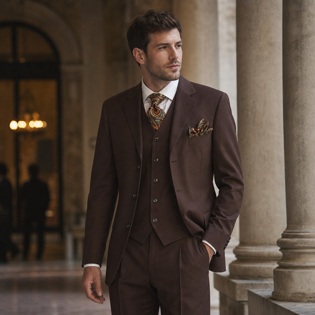 Men's 3-Piece Vested Suit Notch Lapel Single Pleated Trouser Brown Brown – Styled Editorial Shot