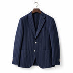 Mens Blazer Woven Stripe Linen Notch Lapel Unstructured Navy – Product Photo