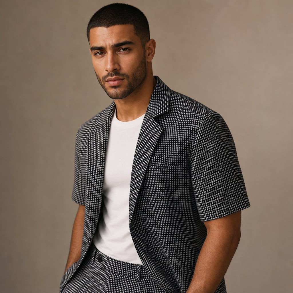 Men's Check Two-Piece Set Short Sleeve Blazer and Matching Shorts Black – Side Angle View