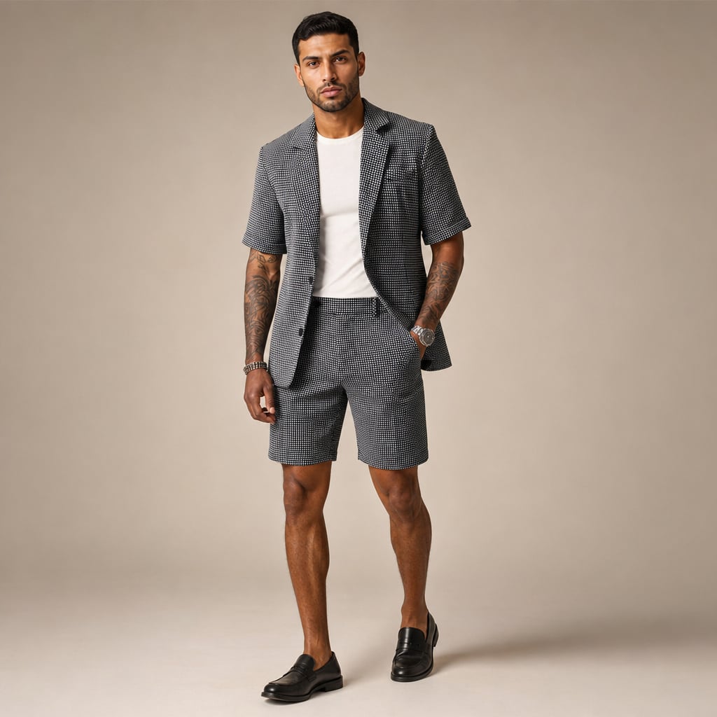 Men's Check Two-Piece Set Short Sleeve Blazer and Matching Shorts in Black – Tarlano Premium Menswear