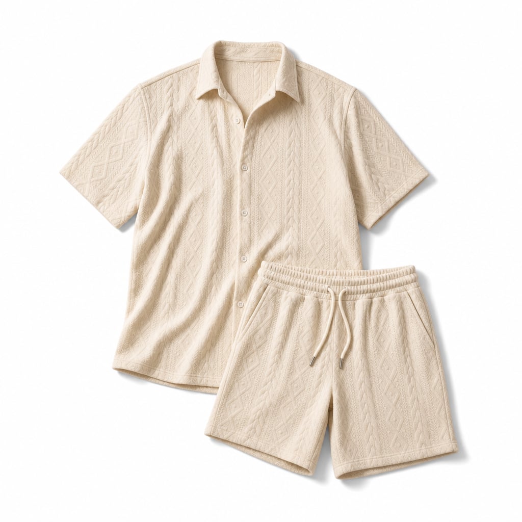Mens Co Ord Set Knitted Camp Collar Shirt and Shorts Apricot – Product Photo