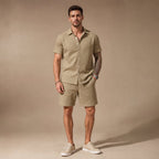 Mens Co Ord Set Knitted Camp Collar Shirt and Shorts in Khaki – Tarlano Premium Menswear