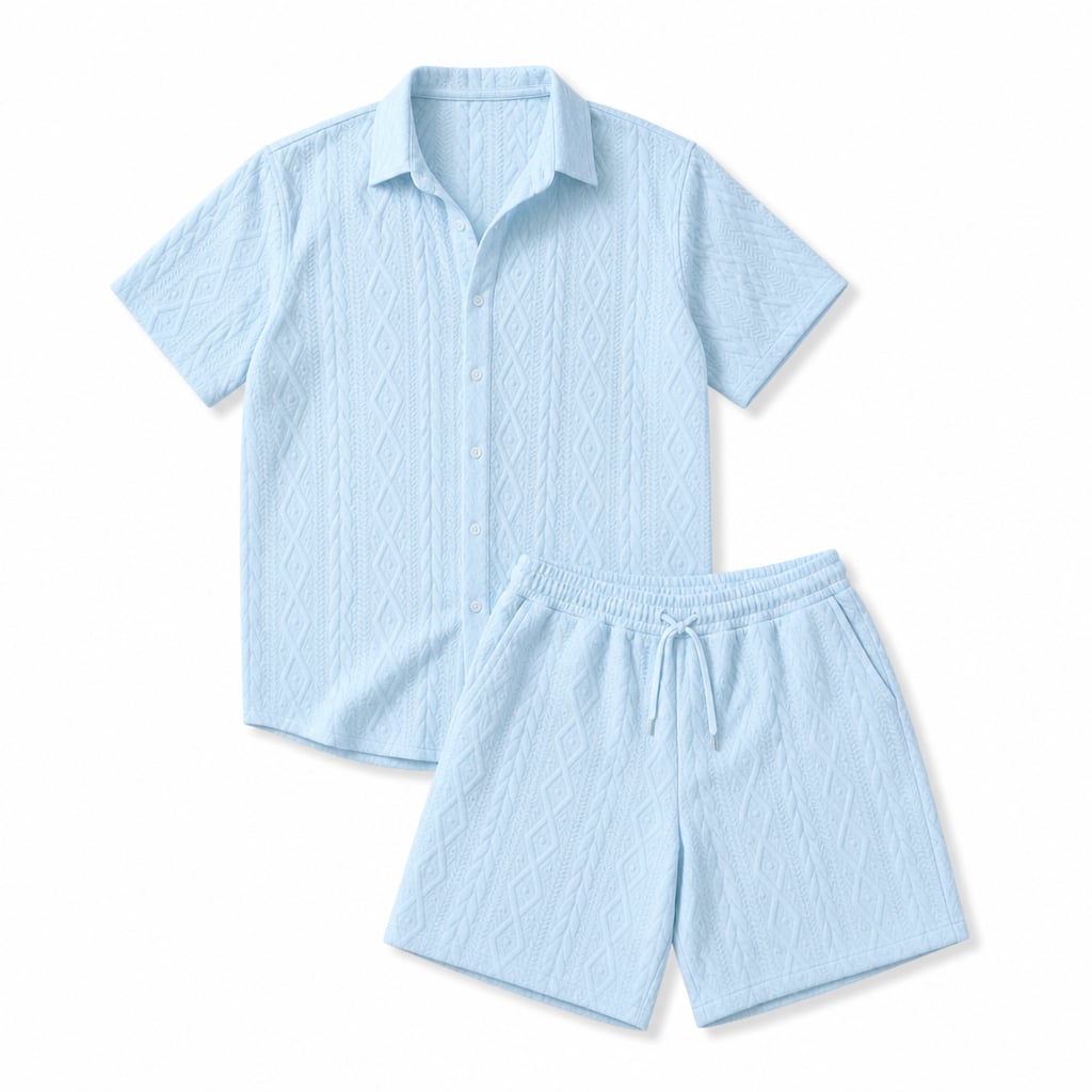 Mens Co Ord Set Knitted Camp Collar Shirt and Shorts Sky Blue – Product Photo
