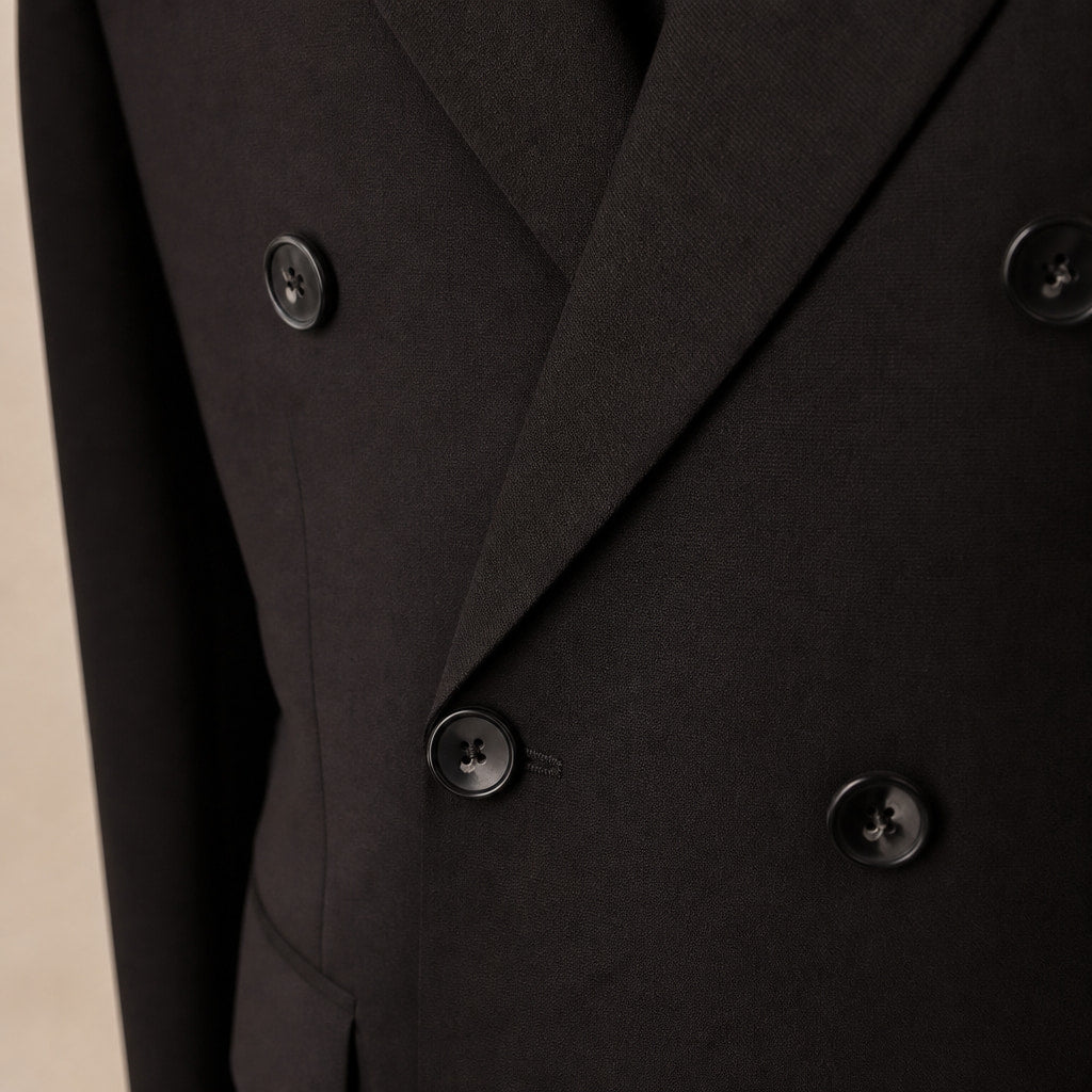 Men's Double Breasted Suit Peak Lapel 6-Button Black Black – Fabric and Detail Close-Up