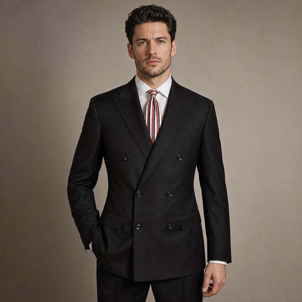 Men's Double Breasted Suit Peak Lapel 6-Button Black Black – Full Look