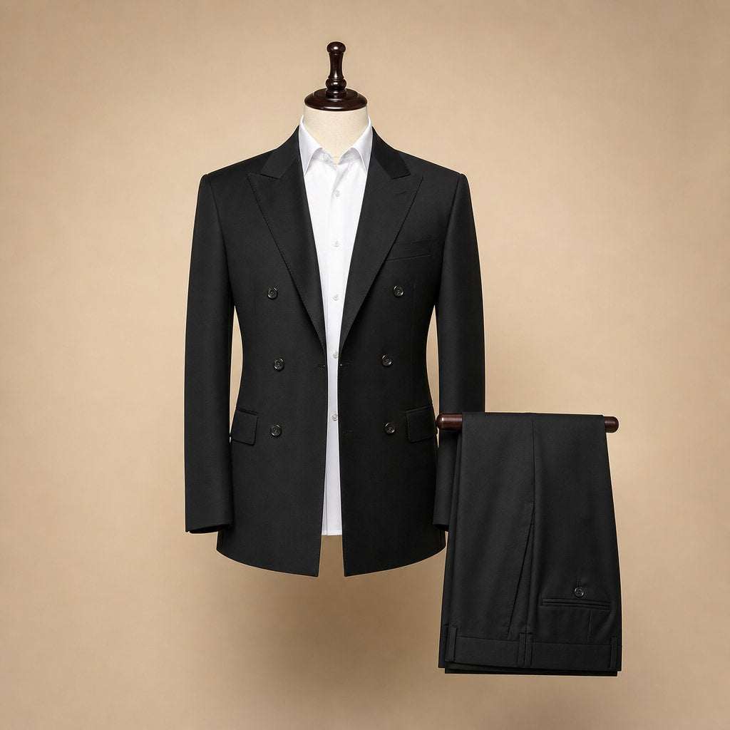 Men's Double Breasted Suit Peak Lapel 6-Button Black Black – Product Photo