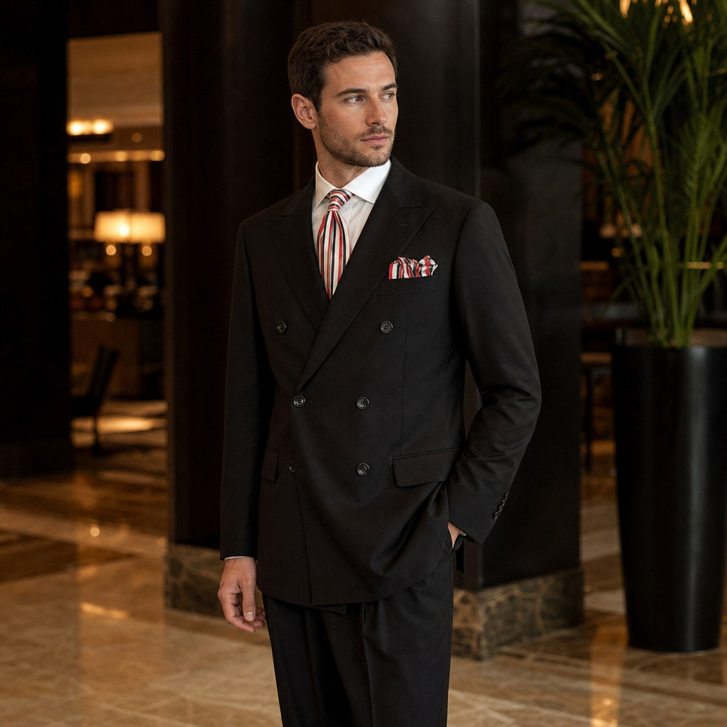 Men's Double Breasted Suit Peak Lapel 6-Button Black Black – Styled Editorial Shot
