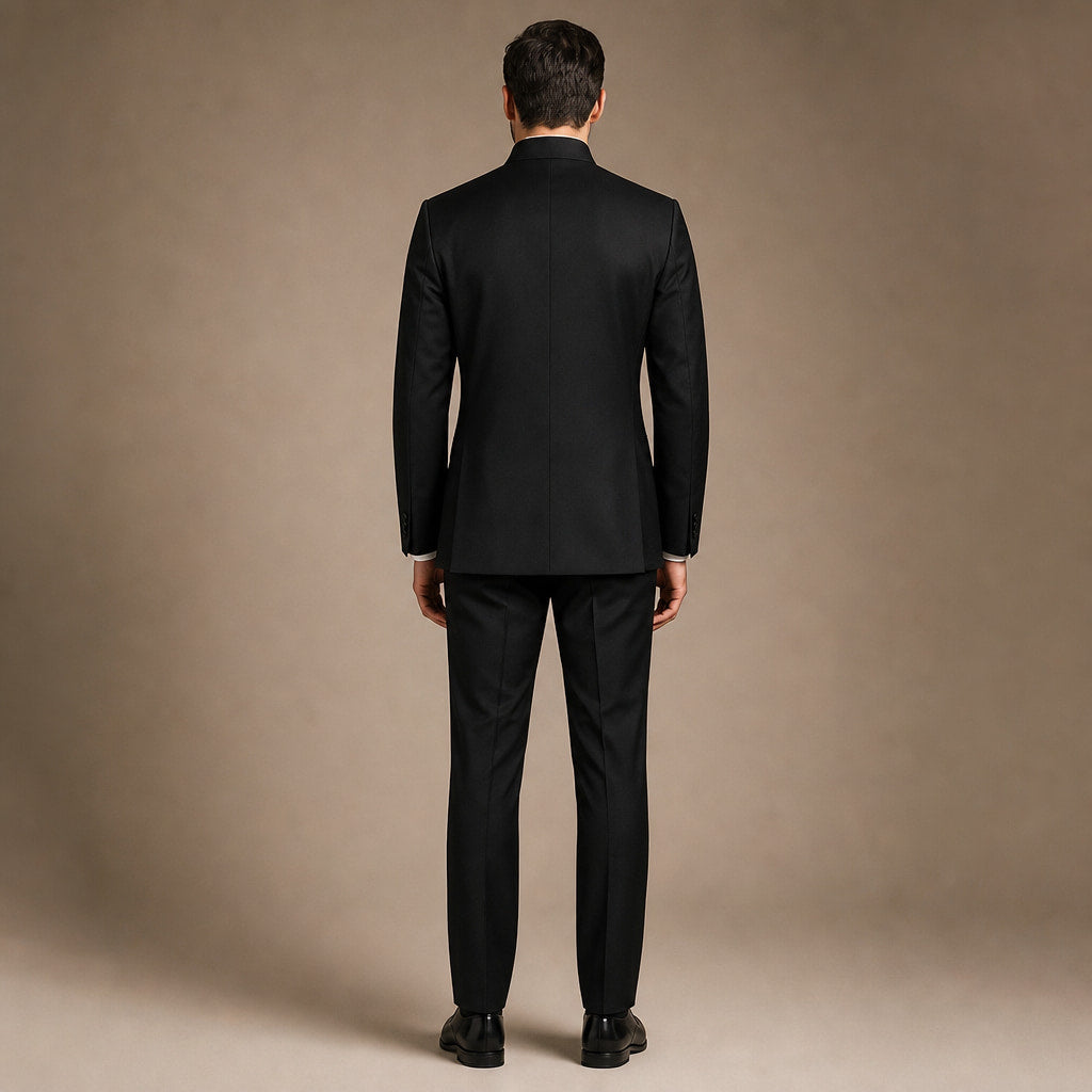 Men's Five-Button Mandarin Collar Tuxedo Suit with Pleated Pants Black Black – Side Angle View