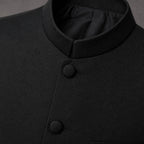 Men's Five-Button Mandarin Collar Tuxedo Suit with Pleated Pants Black Black – Fabric and Detail Close-Up