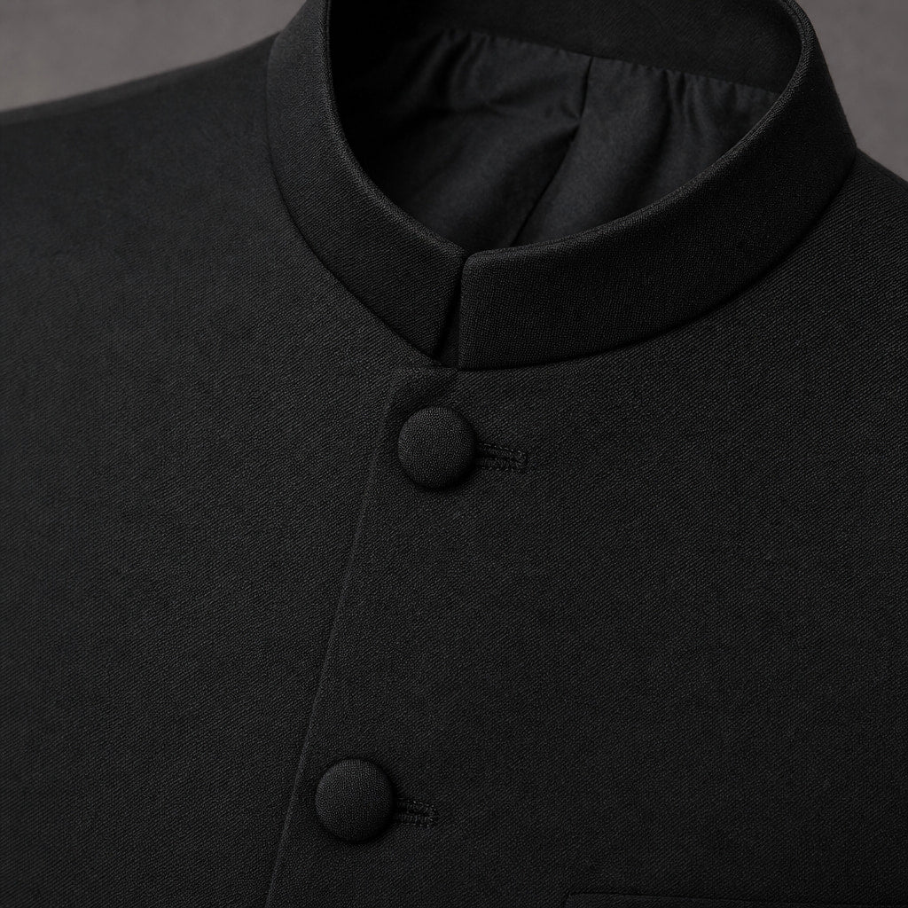 Men's Five-Button Mandarin Collar Tuxedo Suit with Pleated Pants Black Black – Fabric and Detail Close-Up