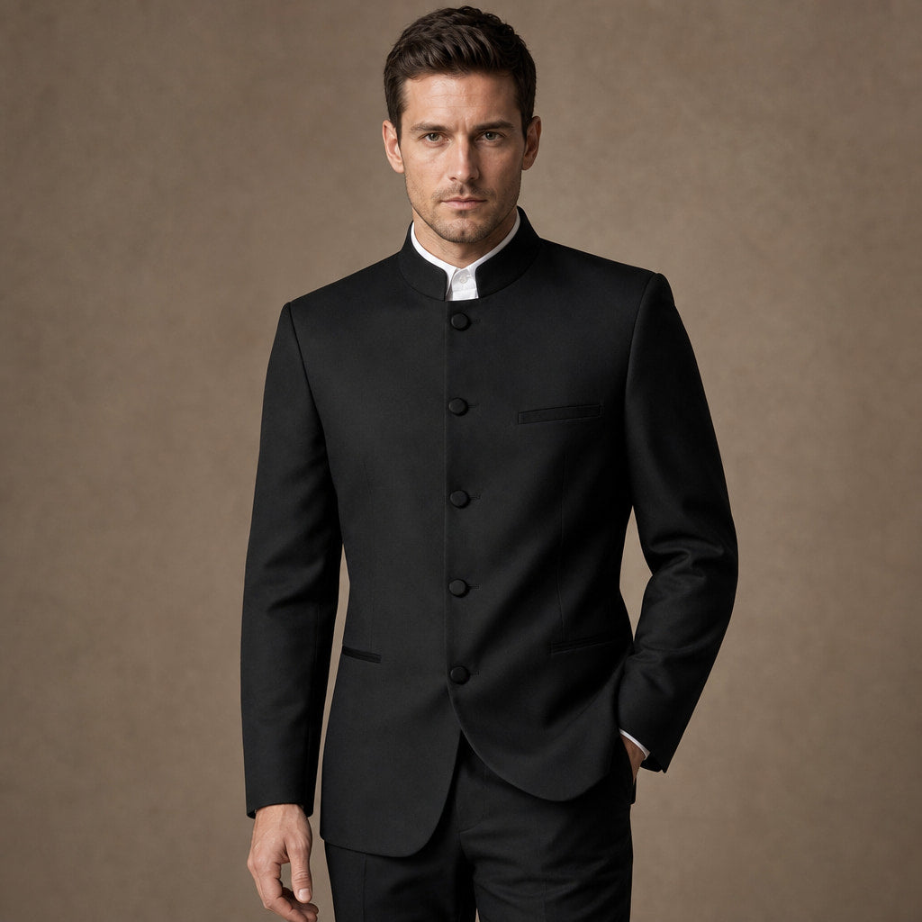Men's Five-Button Mandarin Collar Tuxedo Suit with Pleated Pants Black Black – Full Look