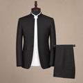 Men's Five-Button Mandarin Collar Tuxedo Suit with Pleated Pants Black Black – Product Photo