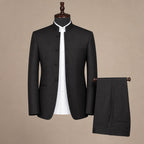 Men's Five-Button Mandarin Collar Tuxedo Suit with Pleated Pants Black Black – Product Photo