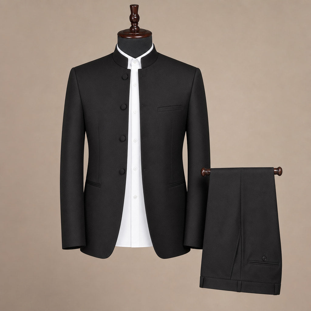 Men's Five-Button Mandarin Collar Tuxedo Suit with Pleated Pants Black Black – Product Photo