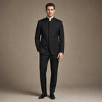Men's Five-Button Mandarin Collar Tuxedo Suit with Pleated Pants Black in Black – Tarlano Premium Menswear