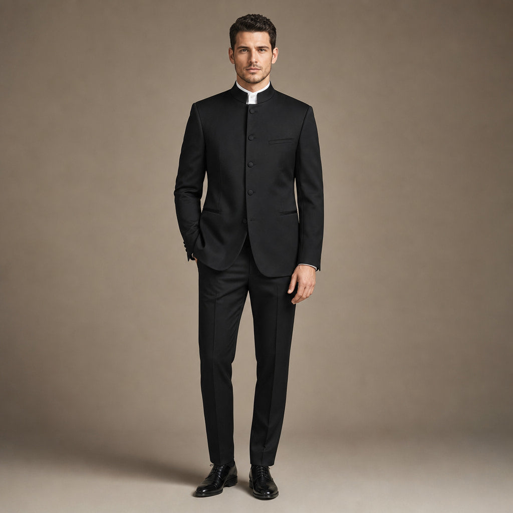 Men's Five-Button Mandarin Collar Tuxedo Suit with Pleated Pants Black in Black – Tarlano Premium Menswear
