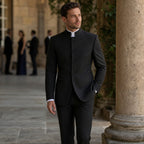 Men's Five-Button Mandarin Collar Tuxedo Suit with Pleated Pants Black Black – Styled Editorial Shot