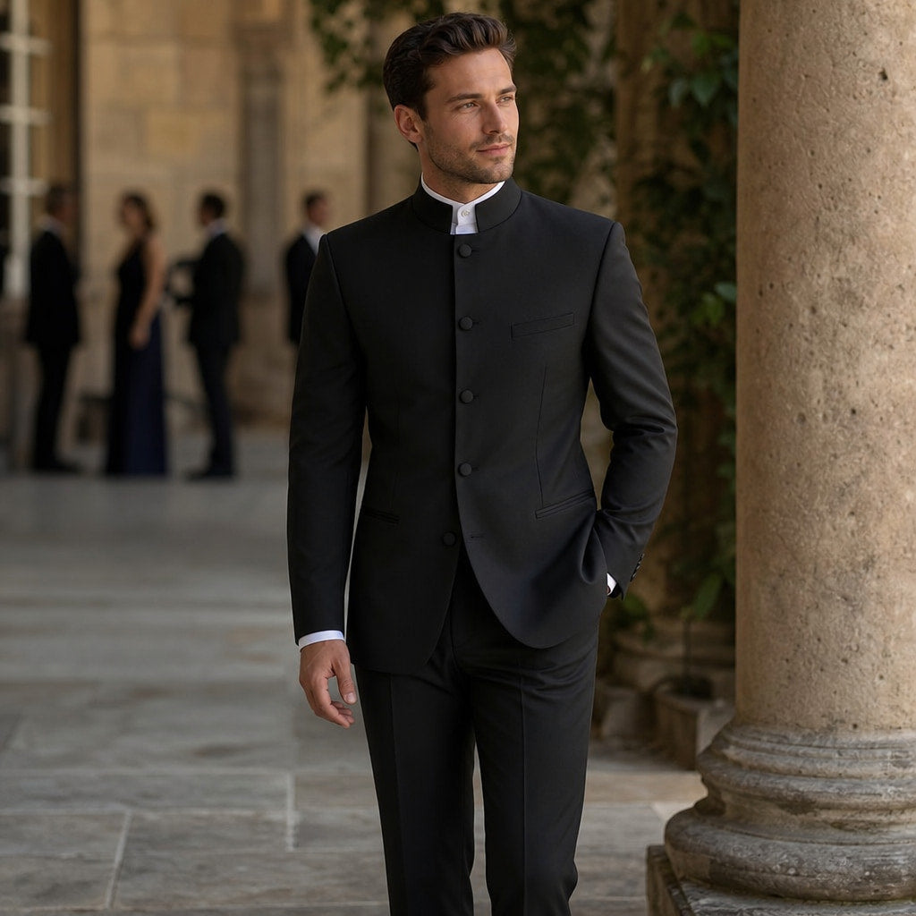 Men's Five-Button Mandarin Collar Tuxedo Suit with Pleated Pants Black Black – Styled Editorial Shot