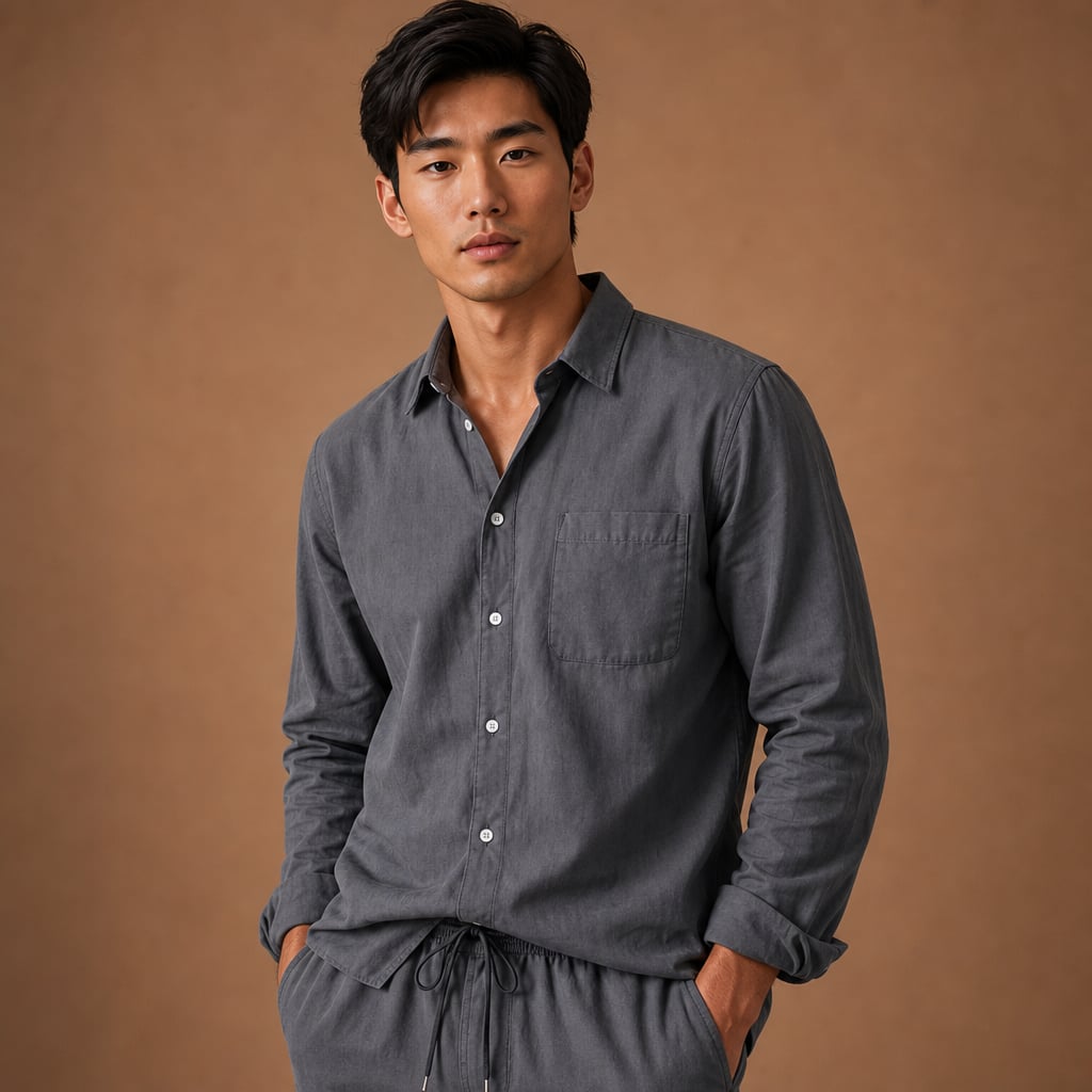 Men's Linen Cotton Blend Set Shirt and Trousers Smart Casual Gray – Side Angle View