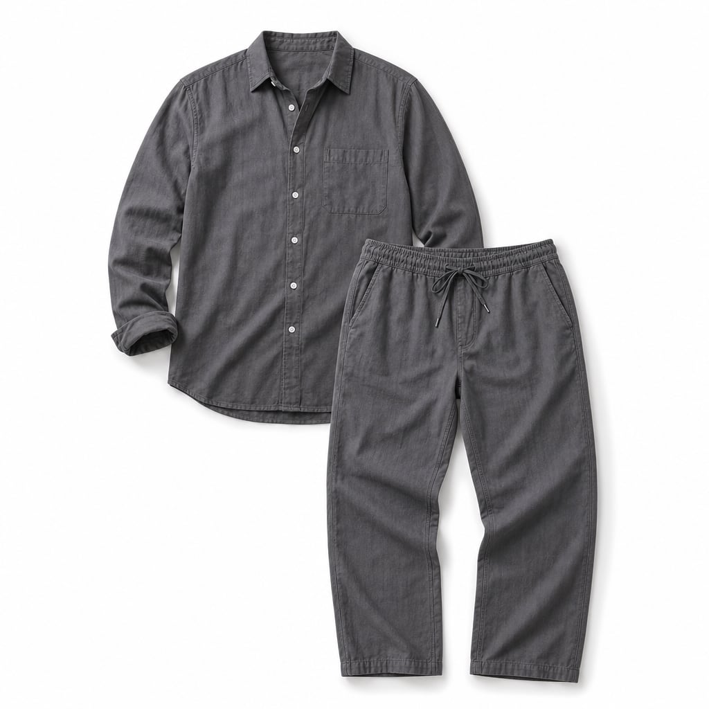 Men's Linen Cotton Blend Set Shirt and Trousers Smart Casual Gray – Product Photo