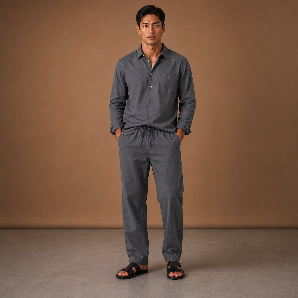 Men's Linen Cotton Blend Set Shirt and Trousers Smart Casual in Gray – Tarlano Premium Menswear