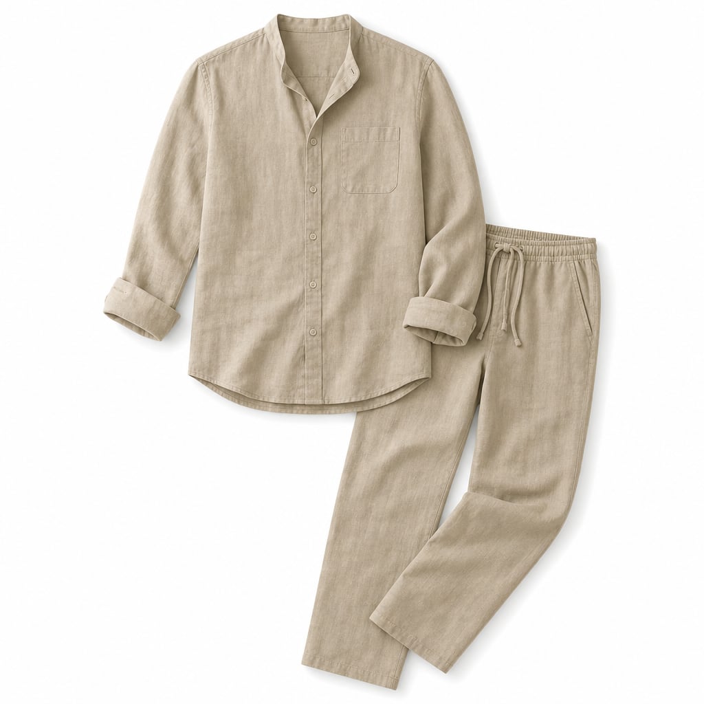 Men's Linen Two-Piece Set Button Shirt and Matching Trousers Khaki – Product Photo