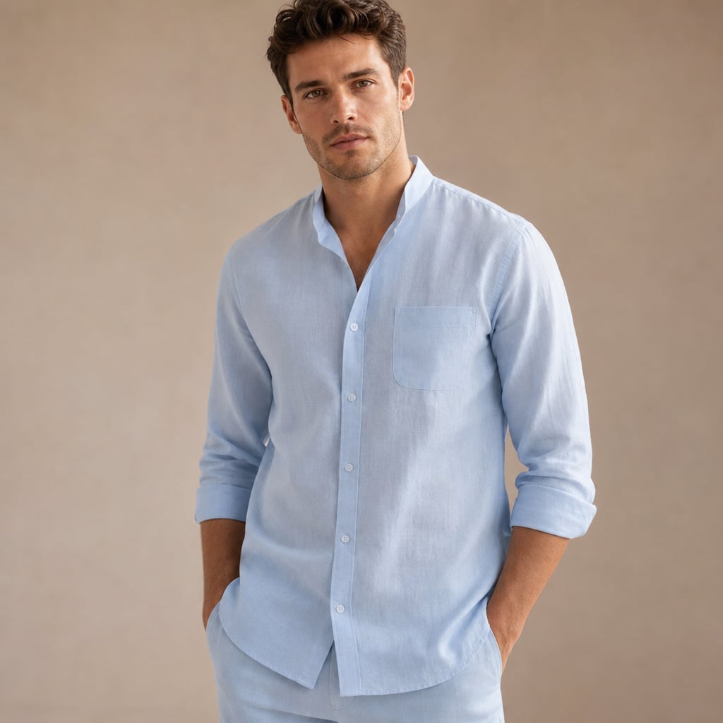 Men's Linen Two-Piece Set Button Shirt and Matching Trousers Light Blue – Side Angle View
