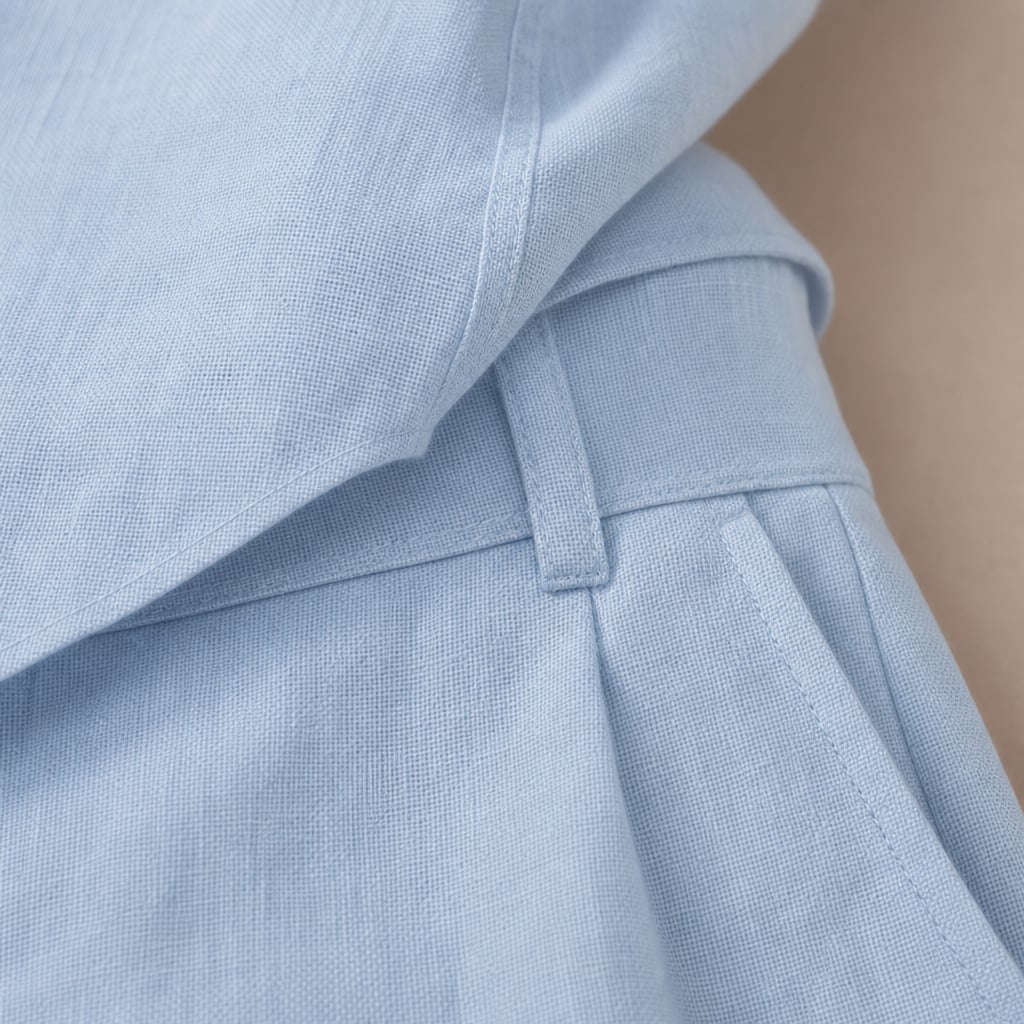 Men's Linen Two-Piece Set Button Shirt and Matching Trousers Light Blue – Fabric and Detail Close-Up