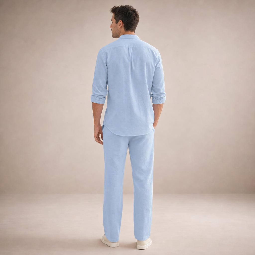 Men's Linen Two-Piece Set Button Shirt and Matching Trousers Light Blue – Full Look