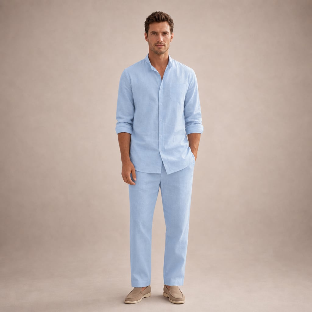 Men's Linen Two-Piece Set Button Shirt and Matching Trousers in Light Blue – Tarlano Premium Menswear
