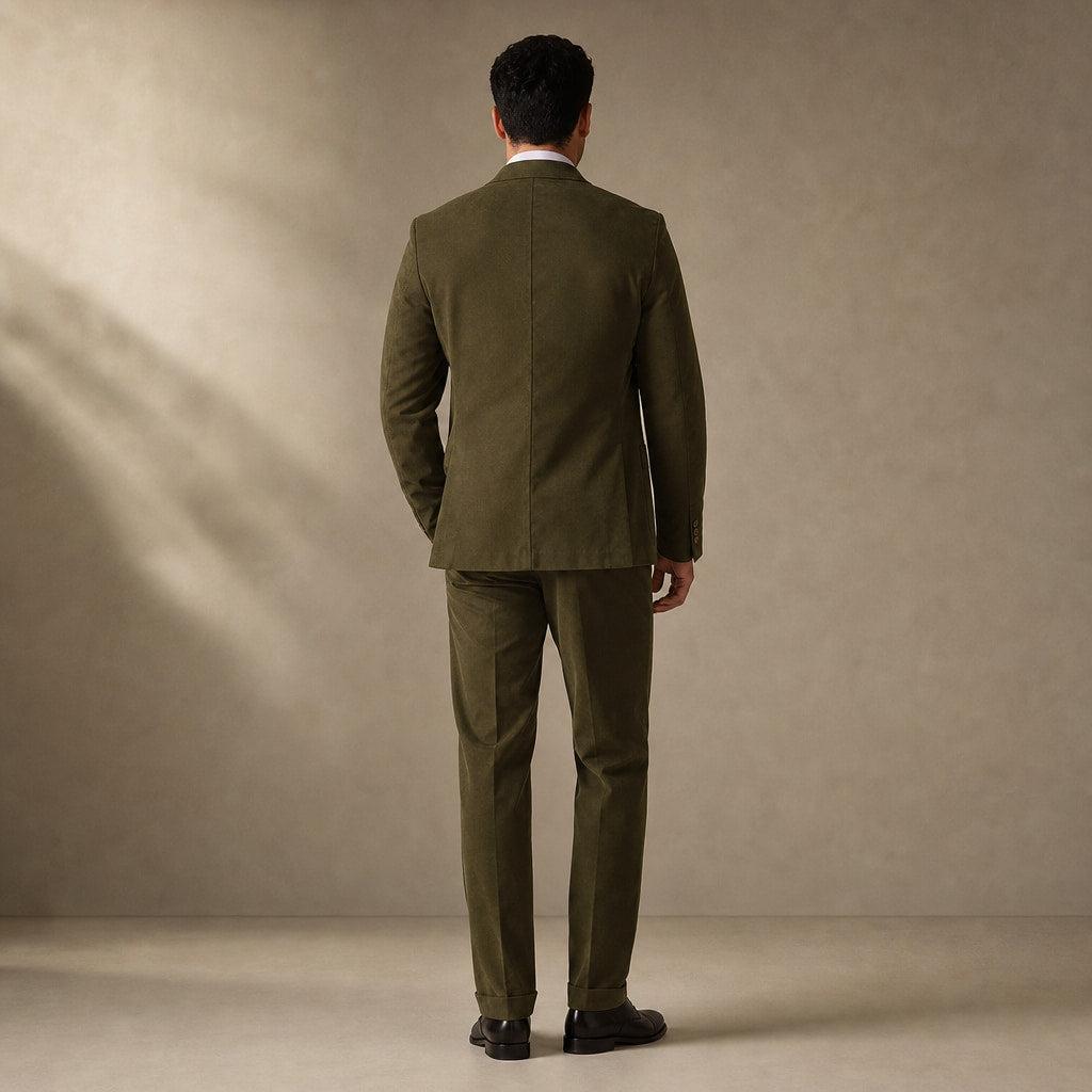 Mens Pant and Blazer Suede-Finish Two-Piece Suit Set Army Green – Side Angle View