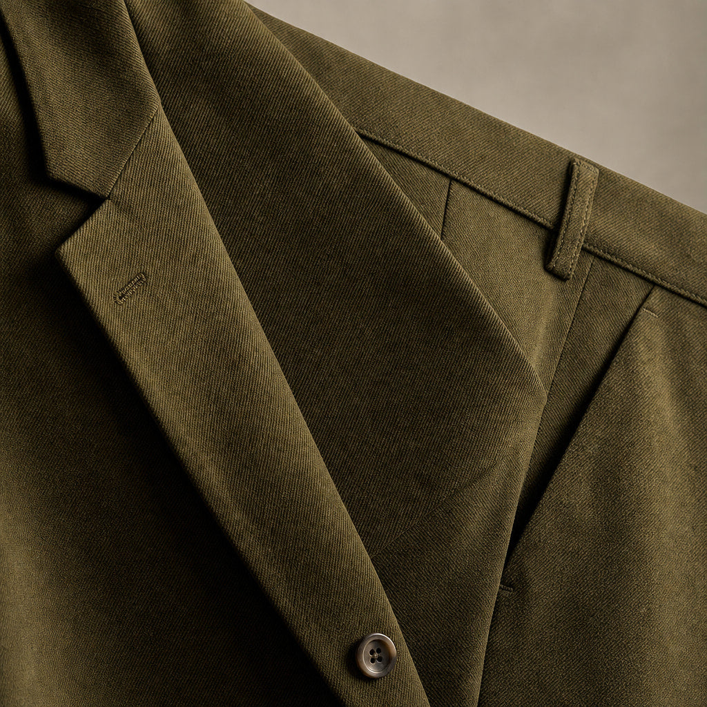 Mens Pant and Blazer Suede-Finish Two-Piece Suit Set Army Green – Fabric and Detail Close-Up