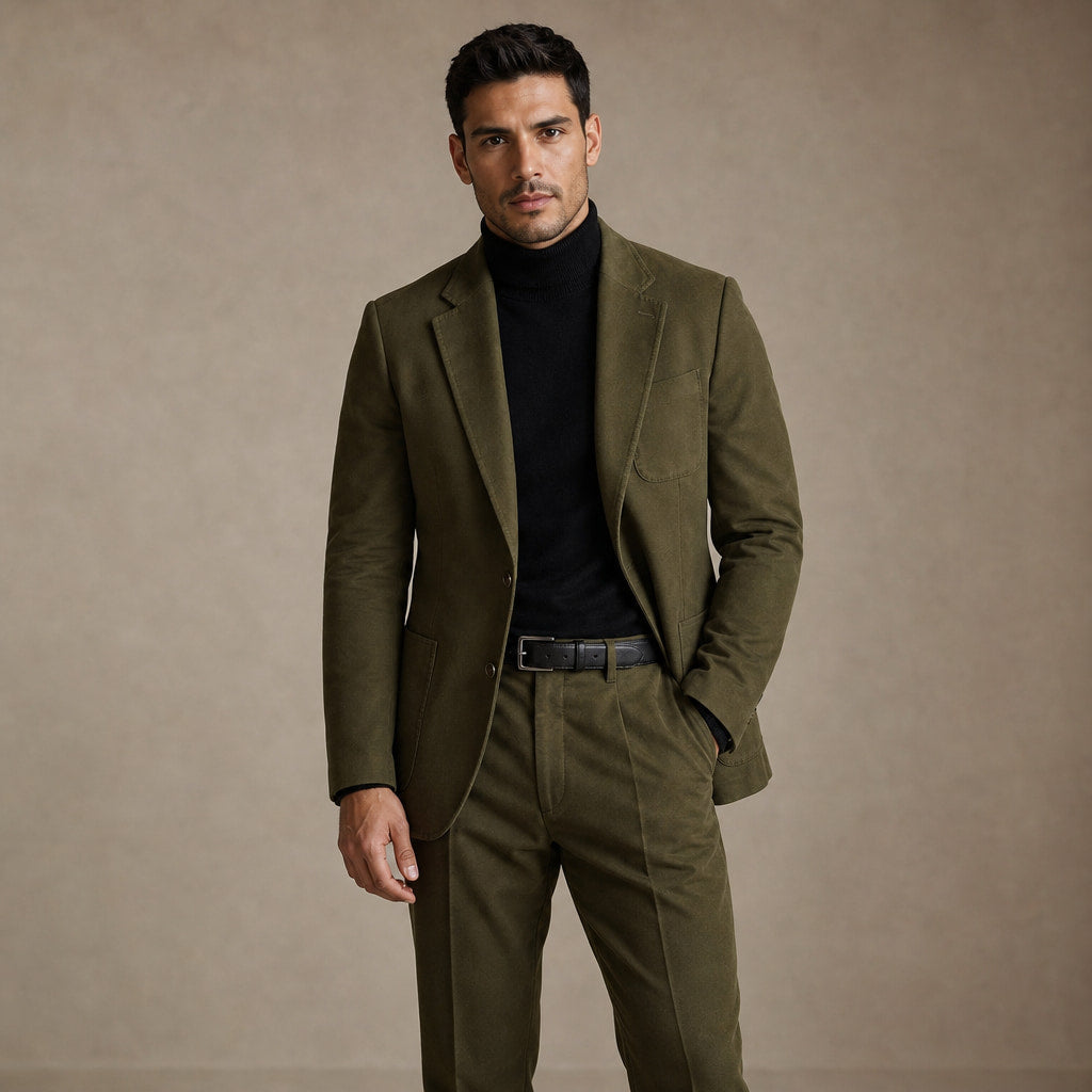 Mens Pant and Blazer Suede-Finish Two-Piece Suit Set Army Green – Full Look