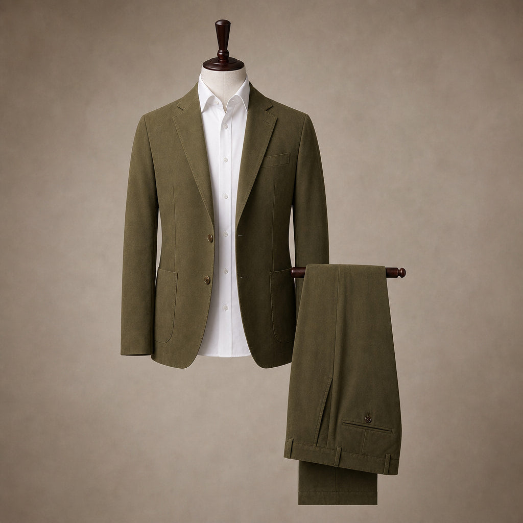 Mens Pant and Blazer Suede-Finish Two-Piece Suit Set Army Green – Product Photo