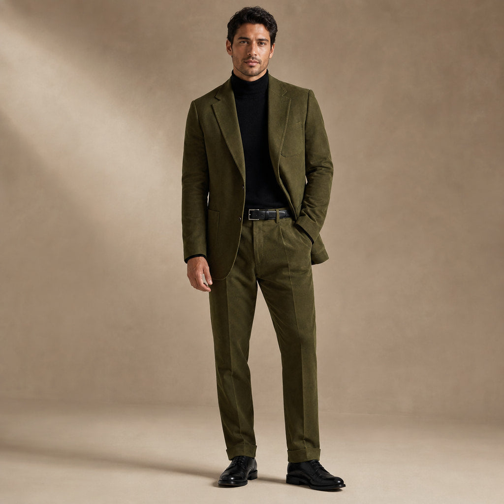 Mens Pant and Blazer Suede-Finish Two-Piece Suit Set in Army Green – Tarlano Premium Menswear