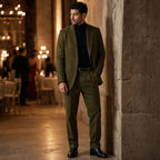 Mens Pant and Blazer Suede-Finish Two-Piece Suit Set Army Green – Styled Editorial Shot