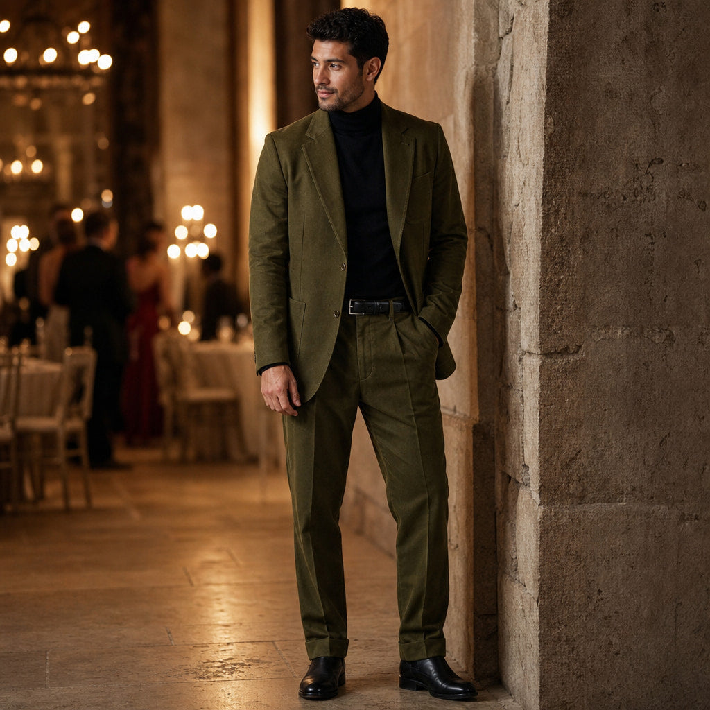 Mens Pant and Blazer Suede-Finish Two-Piece Suit Set Army Green – Styled Editorial Shot